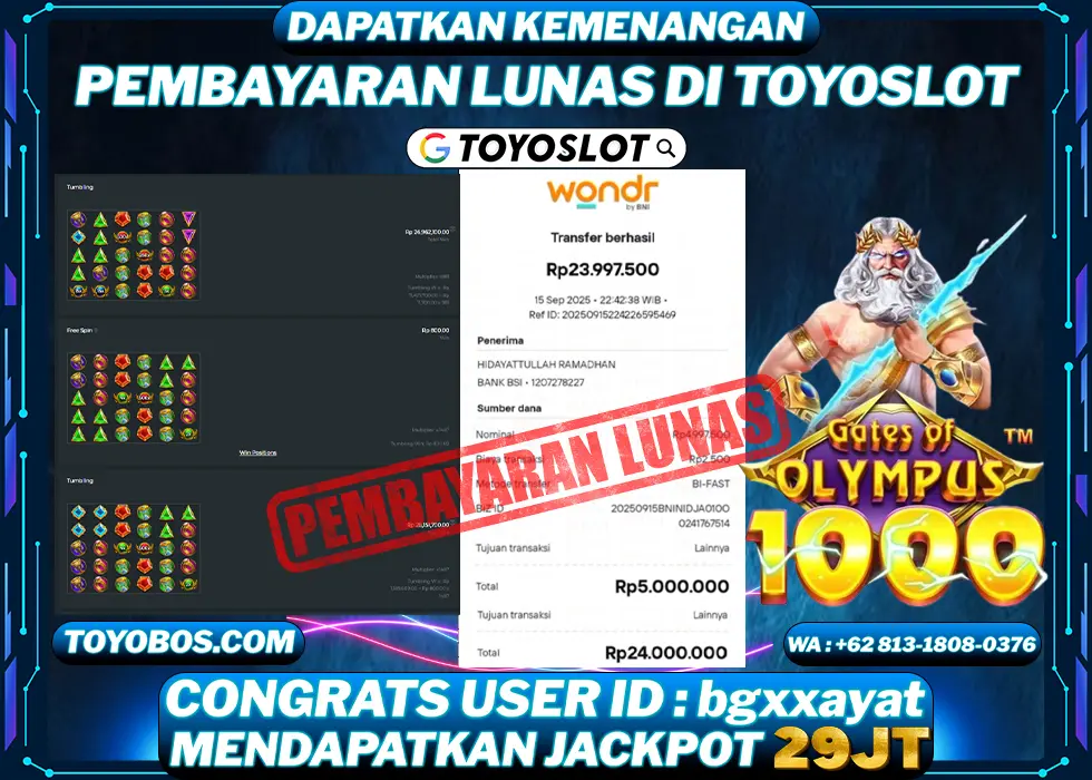 TOYOSLOT - BUKTI KEMENANGAN Gates Of Olympus 1000x Rp29,000,000,- LUNAS